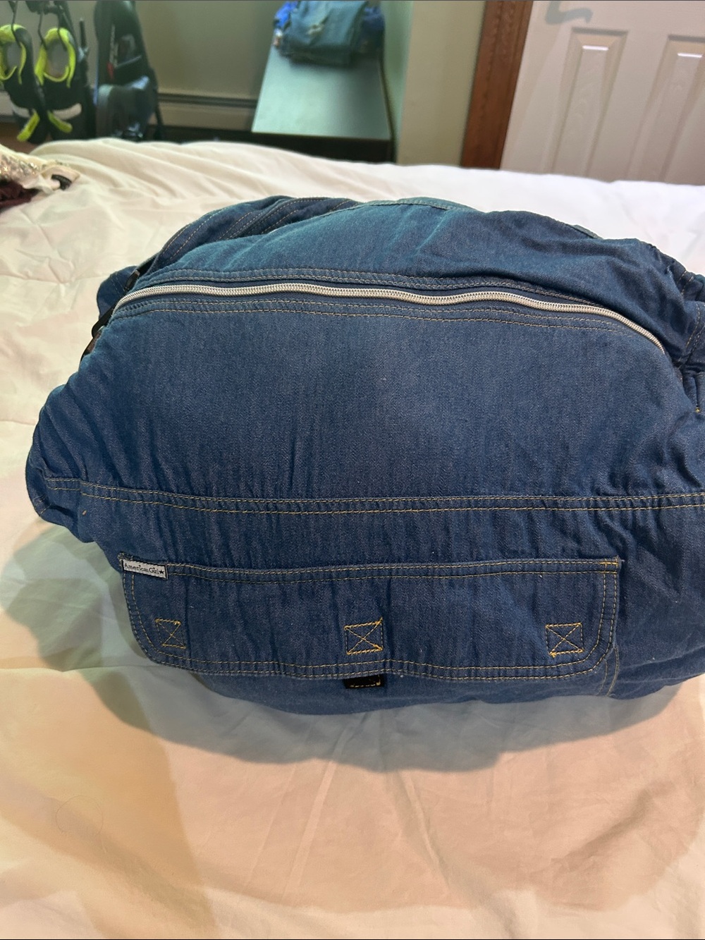 American Girl Youth Size Denim Sleeping bag Carry Bag Attached 76” Red Fleece .